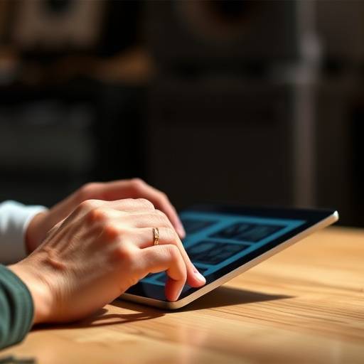 Close-up of hands working on a graphic design project on a digital tablet, showcasing various design elements.