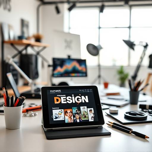 Creative workspace with design tools and a tablet displaying graphic design work, representing a design course.