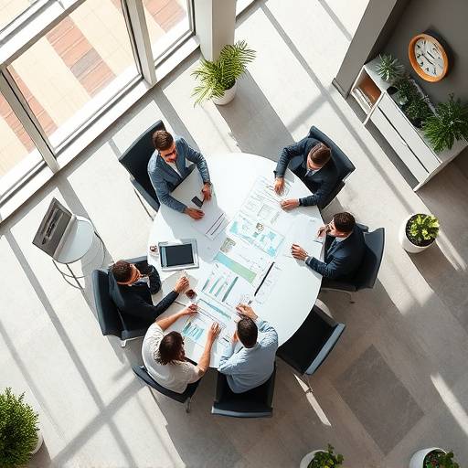 Overhead shot of a strategy meeting with charts and graphs.